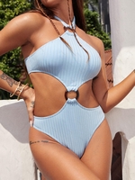 ZAFUL Maillot de Bain Côtelé Anneau en O à Col Halter Une-Pièce S Bleu clair