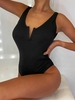 ZAFUL Maillot de Bain Côtelé Au Dos à Col V Une-Pièce M Noir