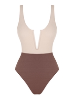 ZAFUL Maillot de Bain Côtelé Bicolore à Armature en V Une-Pièce S Café lumière