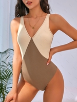 ZAFUL Maillot de Bain Côtelé Bicolore Une-Pièce L Café profond