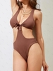 ZAFUL Maillot de Bain Côtelé Croisé Noué en Avant Découpé Une-Pièce S Café profond