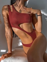 ZAFUL Maillot de Bain Côtelé Découpé à Une Epaule Une-Pièce L Rouge foncé