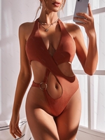 ZAFUL Maillot de Bain Côtelé Découpé Croisé Anneau en O Une-Pièce M Café