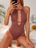 ZAFUL Maillot de Bain Côtelé Découpé Ouvert Au Dos à Col Halter Une-Pièce Xl Café