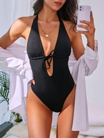 ZAFUL Maillot de Bain Côtelé Noué en Avant à Col Halter Une-Pièce Xl Noir