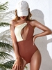 ZAFUL Maillot de Bain Découpé Bicolore à Une Epaule Une-Pièce M Café profond