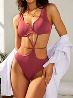 ZAFUL Maillot de Bain Découpé Côtelé à Col V Une-Pièce S Rouge foncé