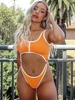 ZAFUL Maillot de Bain Découpé Côtelé à Ourlet Contrasté Une-Pièce L Orange