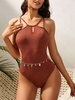 ZAFUL Maillot de Bain Découpé Côtelé Noué Ouvert Au Dos Une-Pièce M Café profond