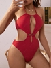 ZAFUL Maillot de Bain Découpé Côtelé Une-Pièce à Col Halter S Rouge