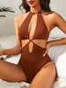 ZAFUL Maillot de Bain Découpé Côtelé Une-Pièce à Col Halter Xl Café profond