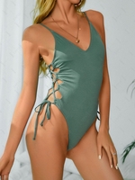 ZAFUL Maillot de Bain Gainant Texturé à Lacets Une-Pièce L Vert