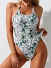ZAFUL Maillot de Bain Léopard Palmier Croisé Côtelé Une-Pièce M Vert clair