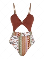 ZAFUL Maillot de Bain Mélangé et Assorti à Imprimé Ethnique à Volants Une-Pièce Xl Café profond