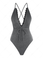 ZAFUL Maillot de Bain Métallique Croisé Plongeant en Dentelle Insérée Une-Pièce S Noir