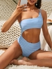 ZAFUL Maillot de Bain Rayé Découpé Une Epaule Une-Pièce S Bleu clair