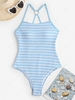 ZAFUL Maillot de Bain Rayé Plissé à Coupe Haute Une-Pièce M Bleu clair