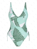 ZAFUL Maillot de Bain Sanglé à Imprimé Feuille à Coupe Haute Une-Pièce M Vert clair