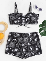 ZAFUL Maillot de Bain Tankini à Imprimé Lune Etoile et Soleil à Lacets de Grande Taille Xl Noir