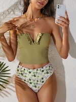 ZAFUL Maillot de Bain Tankini Bandeau Côtelé à Imprimé Fleuri à Armature en V M Vert clair