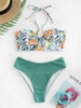 ZAFUL Maillot de Bain Tankini Côtelé à Imprimé Fleuri Feuille à Col Halter S Vert