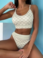 ZAFUL Maillot de Bain Tankini Côtelé à Taille Haute à Carreaux Xxl Café lumière