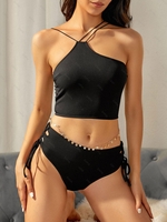 ZAFUL Maillot de Bain Tankini Côtelé à Taille Haute à Lacets S Noir