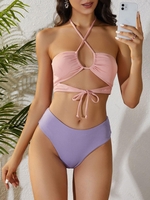 ZAFUL Maillot de Bain Tankini Côtelé Croisé à Taille Haute à Col Halter L Rose léger