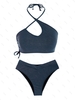 ZAFUL Maillot de Bain Tankini Côtelé Croissé Métallisé Brillant à Col Halter à Taille en V Taille unique Bleu profond