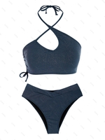 ZAFUL Maillot de Bain Tankini Côtelé Croissé Métallisé Brillant à Col Halter à Taille en V Taille unique Bleu profond