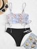 ZAFUL Maillot de Bain Tankini Côtelé Découpé Jointif Fleuri L Bleu clair