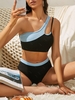 ZAFUL Maillot de Bain Tankini Côtelé en Blocs de Couleurs à Une Epaule L Noir