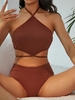 ZAFUL Maillot de Bain Tankini Côtelé Noué Au Dos à Taille Haute à Col Halter L Café