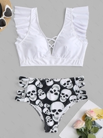 ZAFUL Maillot de Bain Tankini Découpé à Imprimé Crâne de Grande Taille à Volants Xxl Blanc