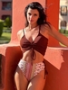 ZAFUL Maillot de Bain Tankini Floral Sanglé à Lacets Style Bohémien L Café
