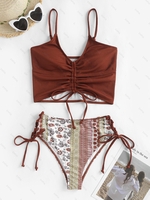 ZAFUL Maillot de Bain Tankini Floral Sanglé à Lacets Style Bohémien M Café