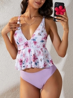 ZAFUL Maillot de Bain Tankini Péplum Plongeant à Imprimé Fleur L Violet clair