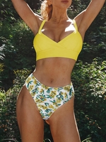 ZAFUL Maillot de Bain Tankini Superposé Fleuri à Coupe Haute L Jaune