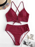 ZAFUL Maillot de Bain Tankini Texturé Croisé à Coupe Haute L Rouge vineux