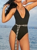 ZAFUL Maillot de Bain Texturé Ouvert Au Dos à Col Halter Une-Pièce L Noir