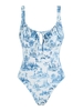 ZAFUL Maillot de Bain Une Pièce Noué en Avant à Imprimé Toile De Jouy M Bleu