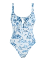 ZAFUL Maillot de Bain Une Pièce Noué en Avant à Imprimé Toile De Jouy M Bleu