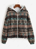 ZAFUL Manteau à Capuche à Imprimé Ethnique Aztèque Tribal à Doublure en Fausse Fourrure S Marron foncé
