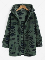 ZAFUL Manteau à Capuche Fourré à Imprimé Tribal Géométrique en Tissu Duveteux L Vert profond