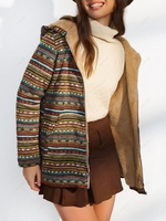 ZAFUL Manteau à Capuche Zippé Ethnique Imprimé à Doublure en Fausse Fourrure L