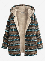 ZAFUL Manteau à Capuche Zippé Ethnique Imprimé à Doublure en Fausse Fourrure L Café