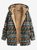 ZAFUL Manteau à Capuche Zippé Ethnique Imprimé à Doublure en Fausse Fourrure Xl Café