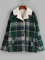 ZAFUL Manteau à Carreaux Goutte Epaule à Doublure en Fausse Laine Flanelle Duveteuse S Vert profond