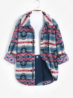 ZAFUL Manteau à Imprimé Ethnique Aztèque Goutte Epaule en Fausse Fourrure L Bleu