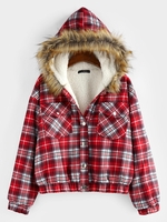 ZAFUL Manteau Parka à Carreaux Goutte Epaule avec Poche M Rouge
